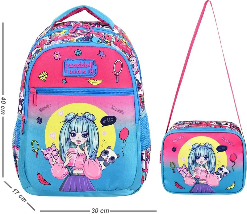 Waddell Licensed Pink Turquoise Anime Girl Patterned Primary School Girl Backpack and Lunch Bag