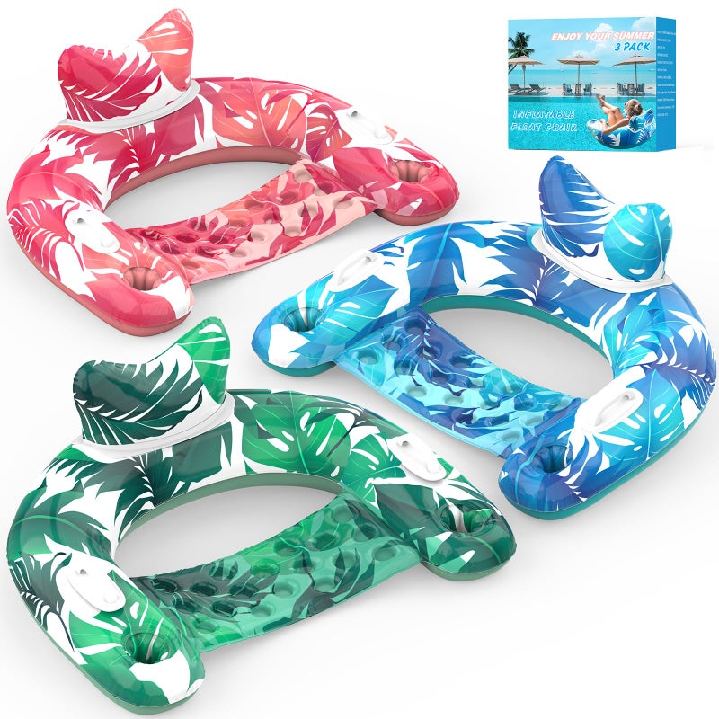 KEUCL Pool Floats 3 Pack Inflatable Pool Float Chairs with Cupholders Handles Pool Floats Adult Kids Perfect for Pool Lake Rivers Pool Toys Party Relaxing Inflatable Chair for Swimming Pool - Image 2