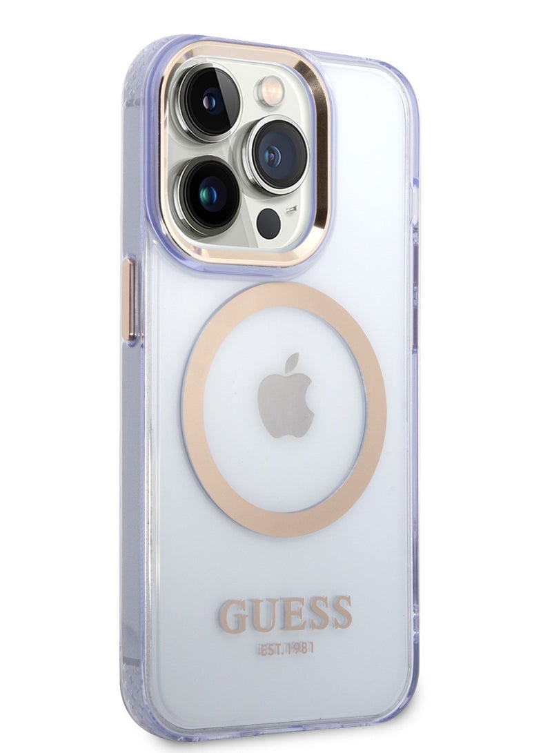 GUESS iPhone 14 Pro Case MagSafe Back Cover with Translucent Gold Outline / Lifted Ring Case / Slim Profile / Easy Snap-On / Drop & Bumper Protection - Purple - Image 2