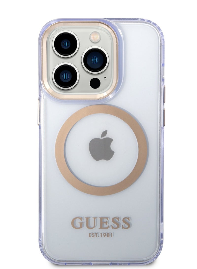 GUESS iPhone 14 Pro Case MagSafe Back Cover with Translucent Gold Outline / Lifted Ring Case / Slim Profile / Easy Snap-On / Drop & Bumper Protection - Purple - Image 1