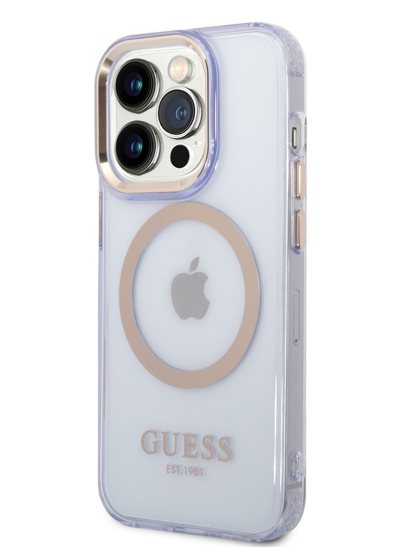GUESS iPhone 14 Pro Case MagSafe Back Cover with Translucent Gold Outline / Lifted Ring Case / Slim Profile / Easy Snap-On / Drop & Bumper Protection - Purple - Image 3