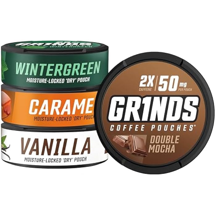 Grinds Coffee Pouches | Top 4 Flavors | Wintergreen, Caramel, Double Mocha, & Vanilla | 1 Pouch eq. 1/4 Cup of Coffee (Top 4 Flavors) - Image 1