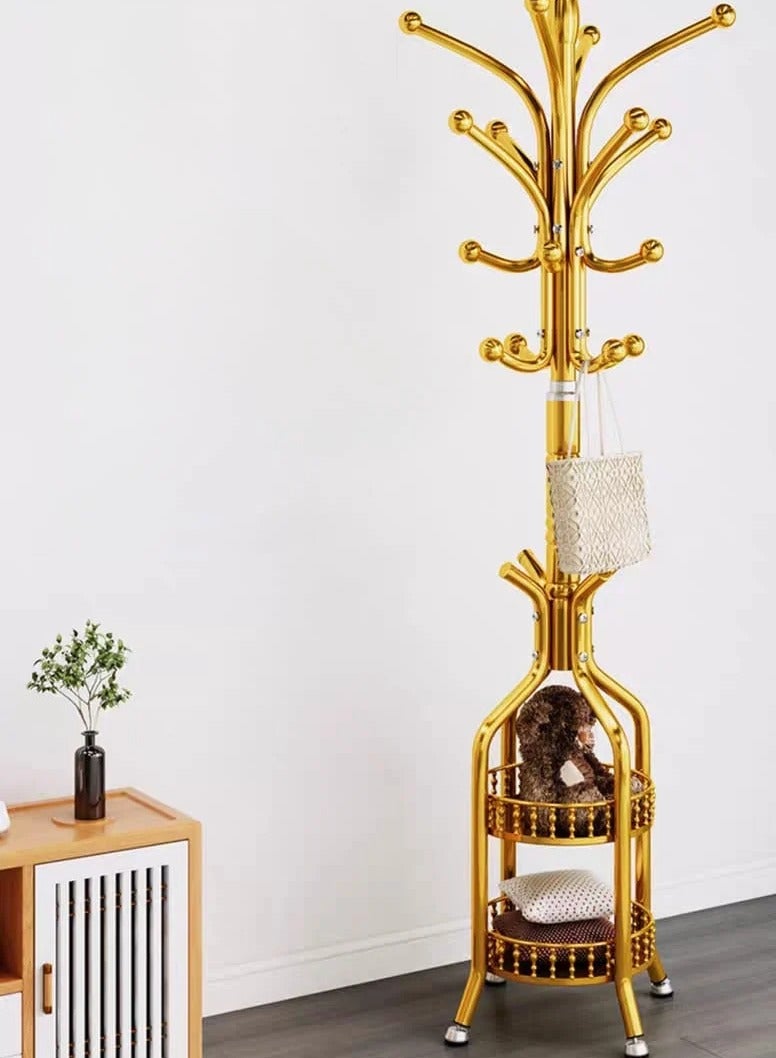 SHEE ONE Luxury Gold Abaya Rack by SHEE ONE | Vertical Multi-Functional Clothes Hanger with Hooks and Circular Storage Shelves | 2-in-1 Clothes Stand for Entryways and Bedrooms | Stable Base with Rust-Resistant Materials | 34x34x189 cm | Gold Color - Image 1