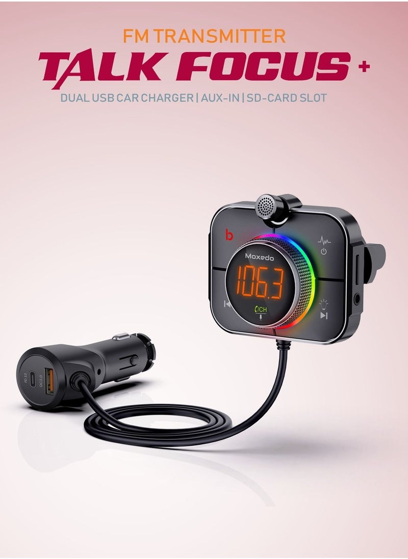 Moxedo Talk Focus FM Transmitter, PD3.0 & QC 3.0, 38W Dual Ports USB-A, and USB-C, RGB Colors, Support SD Card AUX Input - pzsku/Z40E3DA1CD9A729224FAEZ/45/_/1643102758/79096563-e278-4cf6-9b04-ab249d2d06aa