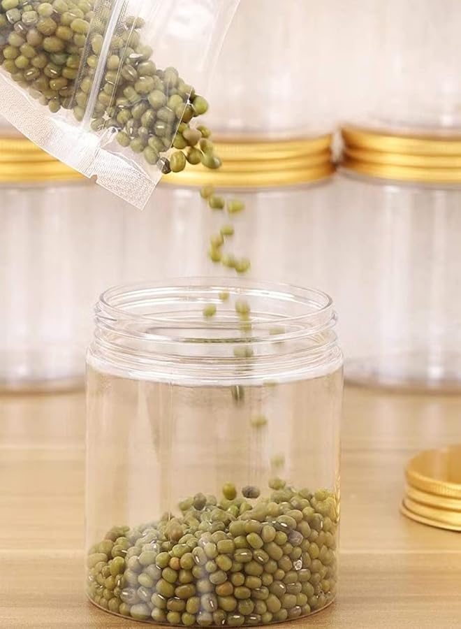 الصقر 12 قطعة 250 مل زجاجات فارغة قابلة لإعادة التعبئة من البلاستيك الشفاف مع أغطية ذهبية لتخزين الطعام ومنتجات التخزين المنزلية وحاويات دائرية للحلوى والتوابل والبسكويت - Image 3