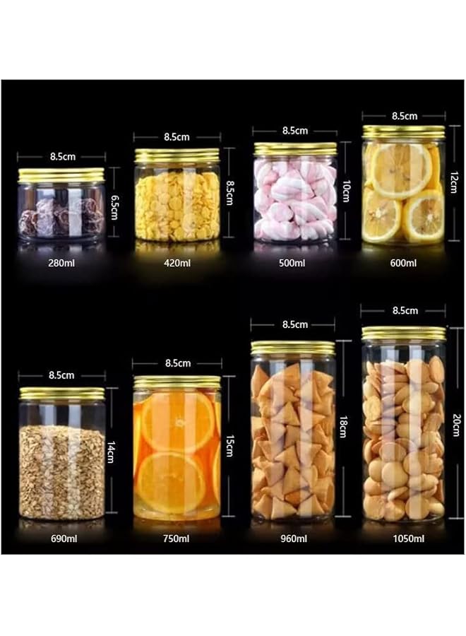 الصقر 12 قطعة 250 مل زجاجات فارغة قابلة لإعادة التعبئة من البلاستيك الشفاف مع أغطية ذهبية لتخزين الطعام ومنتجات التخزين المنزلية وحاويات دائرية للحلوى والتوابل والبسكويت - Image 4