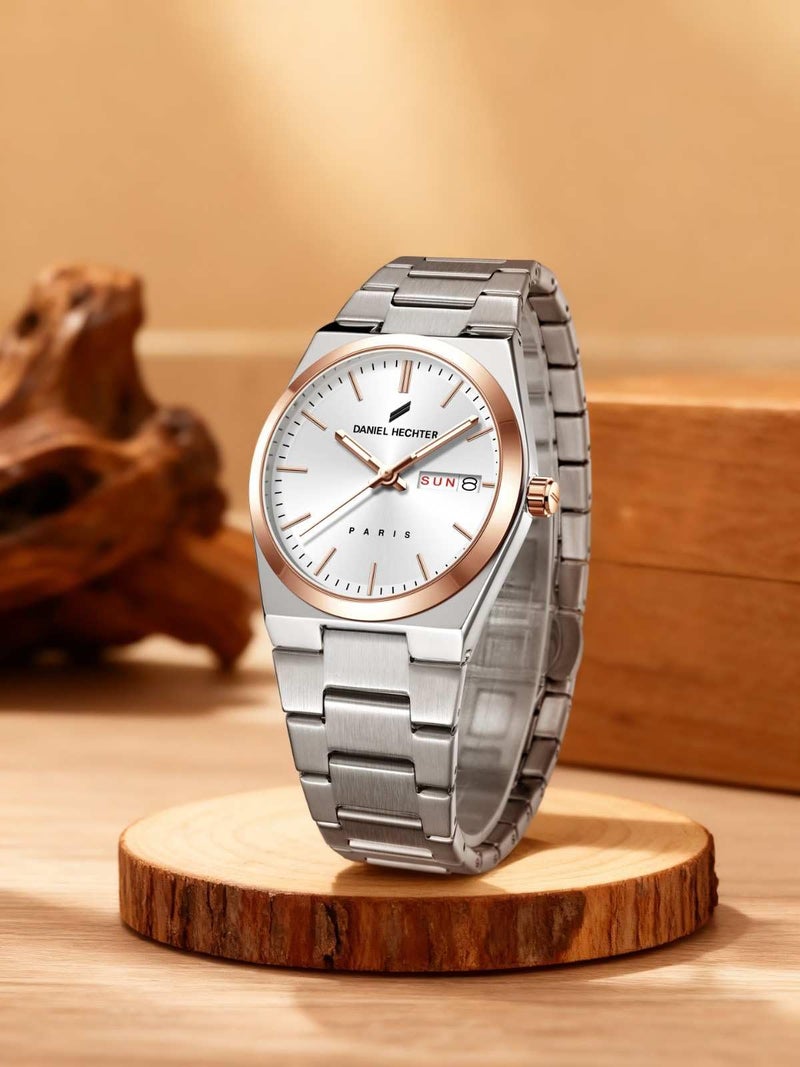 Daniel Hechter Paris Hoche Collection Formal Analog Watch for Men – Round dial and Silver Stainless Steel Strap with Day-Date Display (White) - Image 3