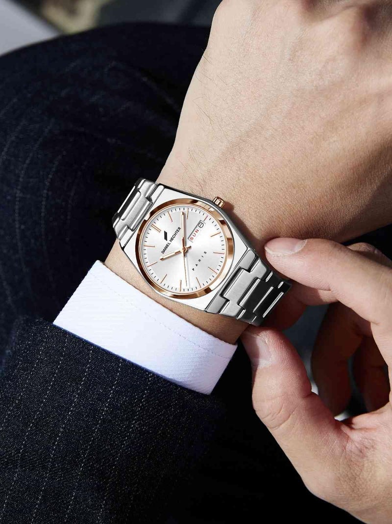 Daniel Hechter Paris Hoche Collection Formal Analog Watch for Men – Round dial and Silver Stainless Steel Strap with Day-Date Display (White) - Image 2