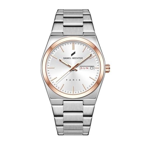 Daniel Hechter Paris Hoche Collection Formal Analog Watch for Men – Round dial and Silver Stainless Steel Strap with Day-Date Display (White) - Image 1