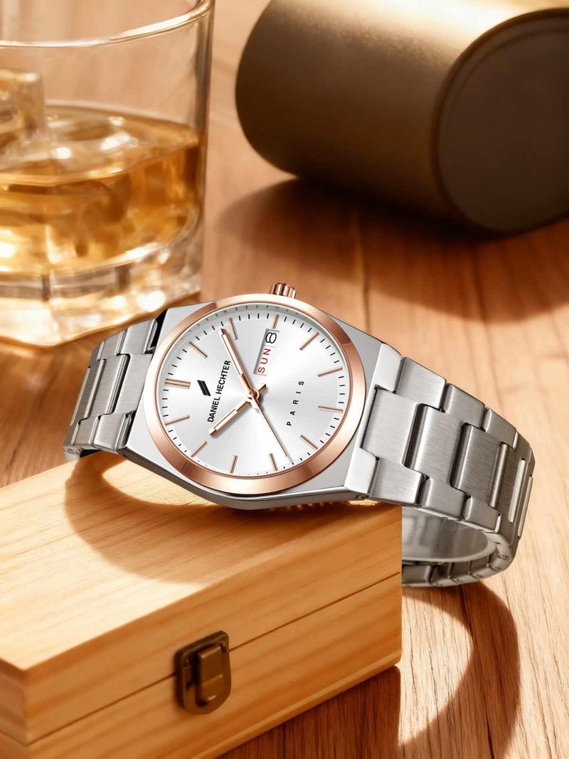 Daniel Hechter Paris Hoche Collection Formal Analog Watch for Men – Round dial and Silver Stainless Steel Strap with Day-Date Display (White) - Image 4
