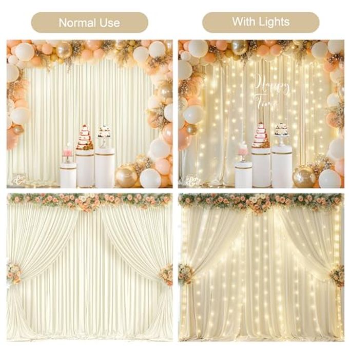 PARTISKY Beige Backdrop Curtains With Lights String For Parties,10X10Ft Wrinkle Free Polyester Wedding Photo Backdrop Curtains For Baby Shower Birthday Ceremony Reception Home Party Decorations - Image 3