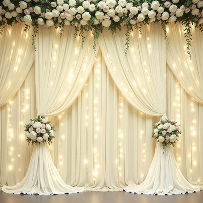 PARTISKY Beige Backdrop Curtains With Lights String For Parties,10X10Ft Wrinkle Free Polyester Wedding Photo Backdrop Curtains For Baby Shower Birthday Ceremony Reception Home Party Decorations - Image 1