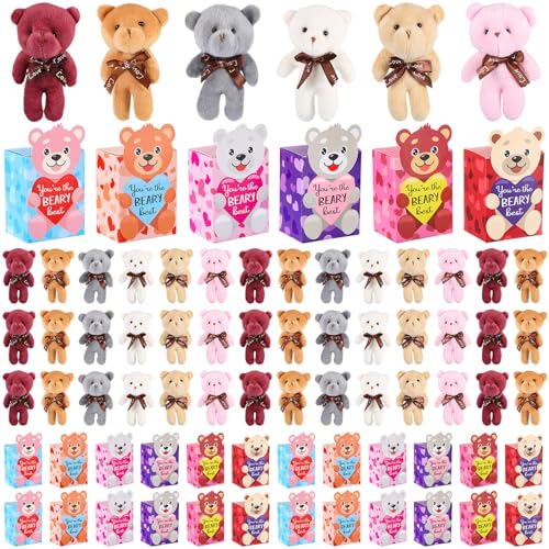 Halloscume 96 Sets Valentines Mini Bear Set 47 Inch Plush Tiny Bears with Boxes Valentines Gift Cute Stuffed Mini animals Bulk for Valentines Day Gift Party Favors Wedding Supplies 6 Styles - Image 1