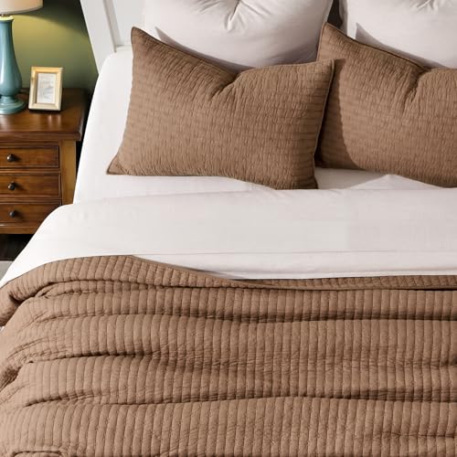 EVERGRACEHOME EVERGRACE Cross Stitch Pre-Washed Cotton Quilt Bedding Set King Size, Oversized 3 Pieces Lightweight Bedspread Coverlet for All Season, with 2 Matching Shams, Camel Brown,108"x96" - Image 3