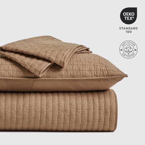 EVERGRACEHOME EVERGRACE Cross Stitch Pre-Washed Cotton Quilt Bedding Set King Size, Oversized 3 Pieces Lightweight Bedspread Coverlet for All Season, with 2 Matching Shams, Camel Brown,108"x96" - Image 5