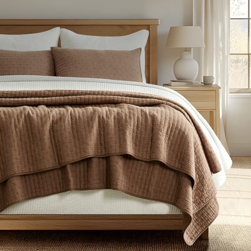 EVERGRACEHOME EVERGRACE Cross Stitch Pre-Washed Cotton Quilt Bedding Set King Size, Oversized 3 Pieces Lightweight Bedspread Coverlet for All Season, with 2 Matching Shams, Camel Brown,108"x96" - Image 1