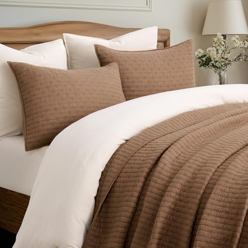 EVERGRACEHOME EVERGRACE Cross Stitch Pre-Washed Cotton Quilt Bedding Set King Size, Oversized 3 Pieces Lightweight Bedspread Coverlet for All Season, with 2 Matching Shams, Camel Brown,108"x96" - Image 2