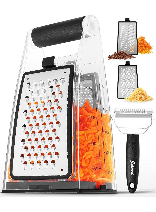 Joined Cheese Grater with Container - Box Grater Cheese Shredder Lemon Zester Grater - Cheese Grater with Handle - Graters for Kitchen Stainless Steel Food Grater - Hand Grater and Vegetable Peeler  - Image 1