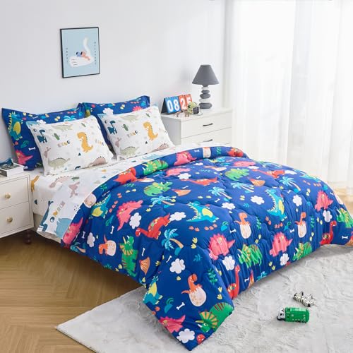 Wajade 7 Piece Kid Boys Dinosaur Comforter Set Queen Size 3D Blue Dinosaur Wild Park Jungle Print Bedding Set with Comforter, Sheet Set, Pillowcase and Sham - Image 4