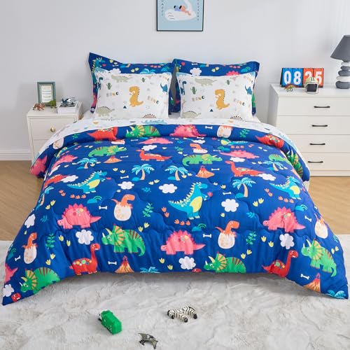 Wajade 7 Piece Kid Boys Dinosaur Comforter Set Queen Size 3D Blue Dinosaur Wild Park Jungle Print Bedding Set with Comforter, Sheet Set, Pillowcase and Sham - Image 2