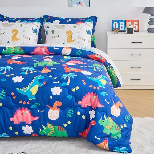 Wajade 7 Piece Kid Boys Dinosaur Comforter Set Queen Size 3D Blue Dinosaur Wild Park Jungle Print Bedding Set with Comforter, Sheet Set, Pillowcase and Sham - Image 3