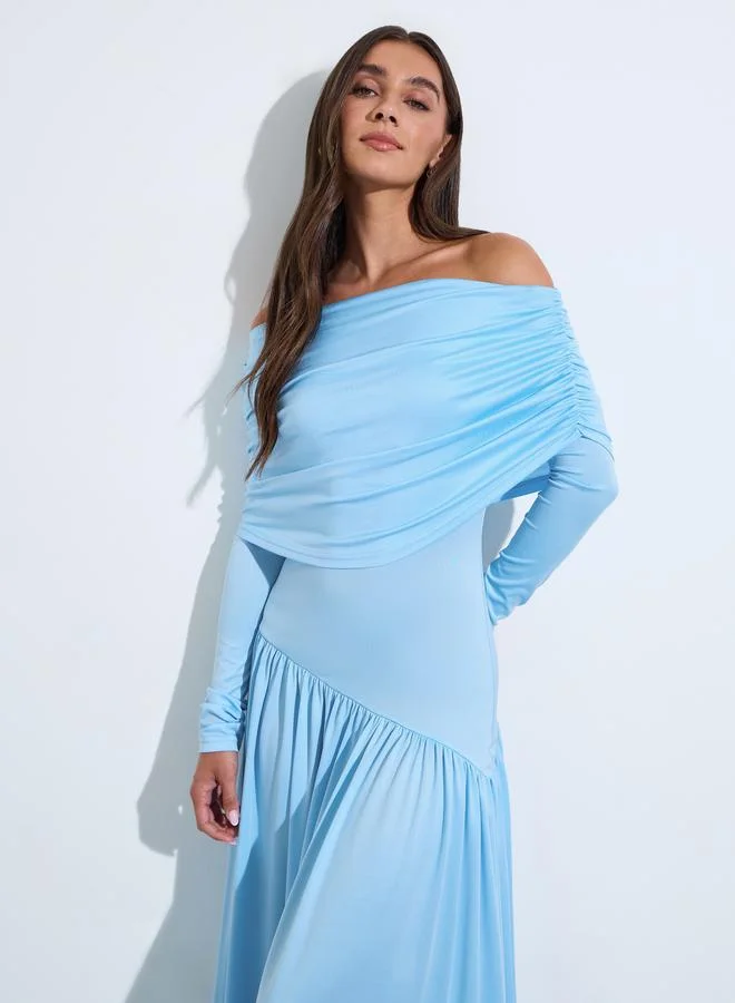 Styli  Blue Solid Off-Shoulder Neck Ruched Details A-Line Maxi Dress for Women | Best Price UAE