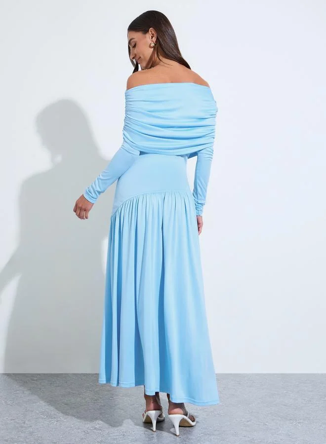 Styli  Blue Solid Off-Shoulder Neck Ruched Details A-Line Maxi Dress for Women | Best Price UAE