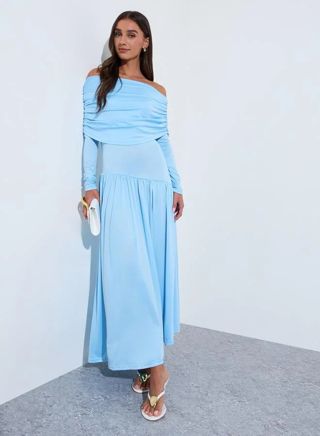 Blue Solid Off-Shoulder Neck Ruched Details A-Line Maxi Dress