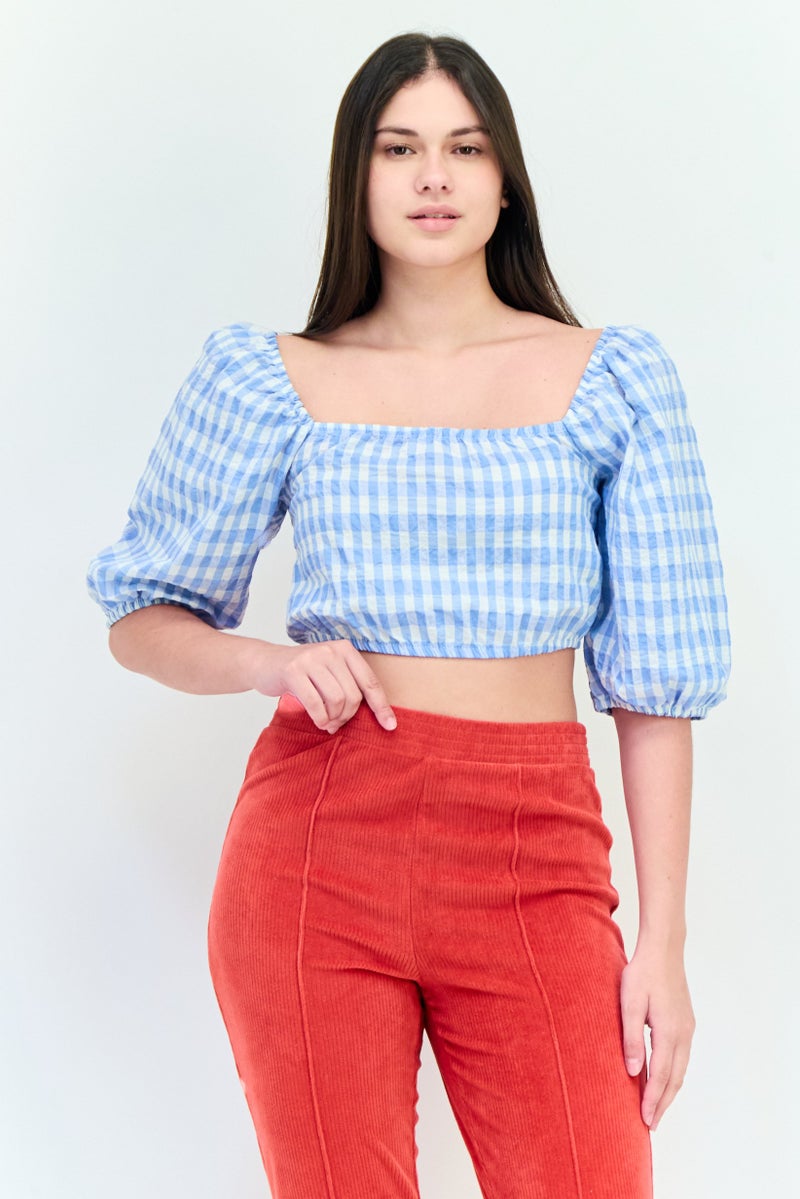 DeFacto Df Young بواسطة Defacto بلوزة نسائية بتصميم مربع العنق ونمط قماش غينغهام، متعددة الألوان - Image 1