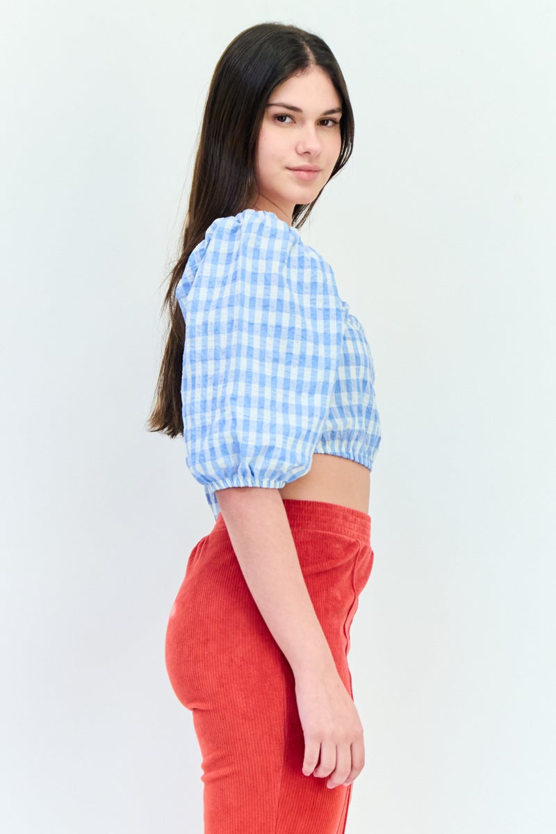 DeFacto Df Young بواسطة Defacto بلوزة نسائية بتصميم مربع العنق ونمط قماش غينغهام، متعددة الألوان - Image 4