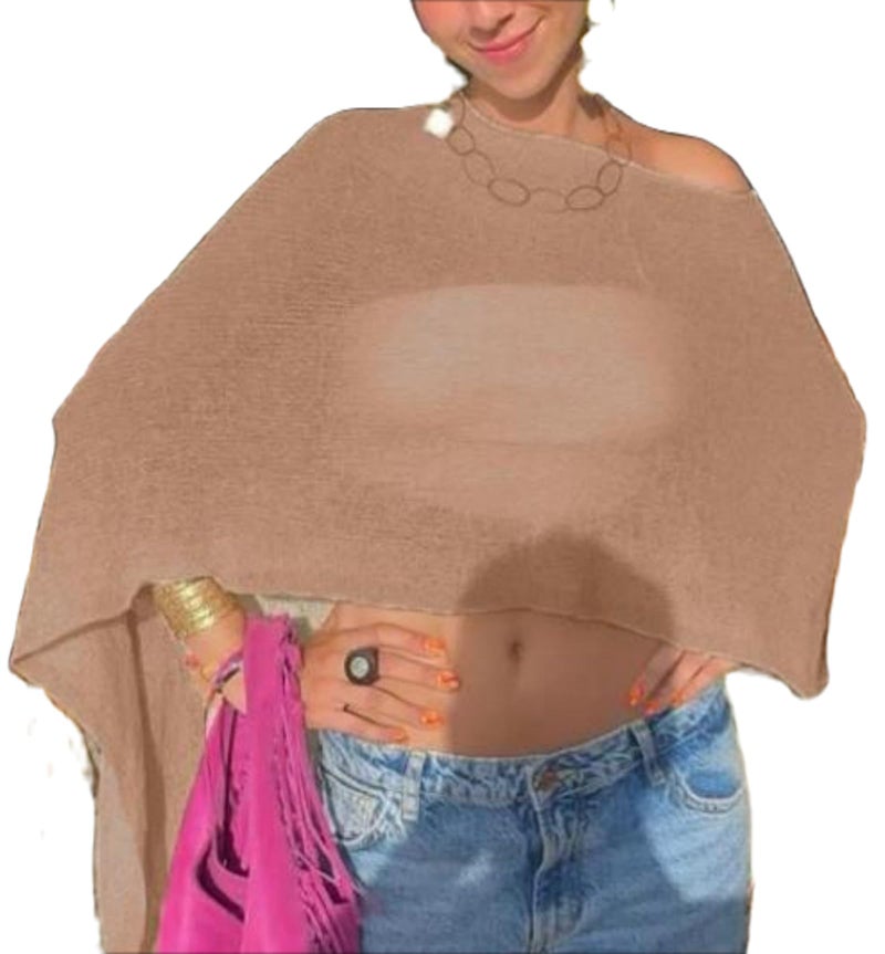 Yoawdats Women Sheer Poncho Shrug Lightweight See Through Knitted Mesh Shawl Y2k Asymmetrical Poncho Tops Cover Ups (Light Brown, ONE SIZE) - Image 1