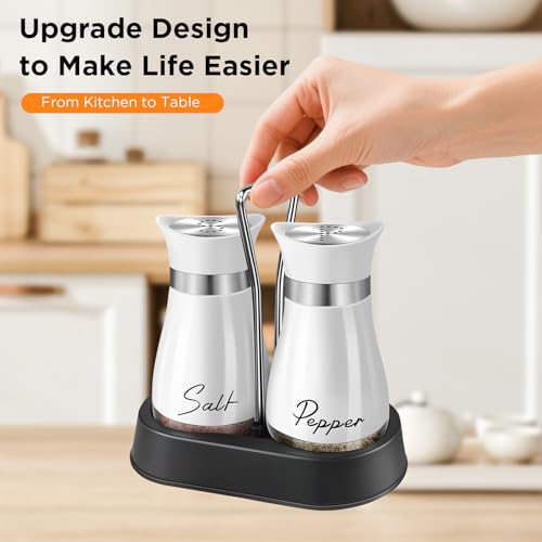 H&Foumre Salt and Pepper Shakers, Farmhouse Salt and Pepper Shakers Set with Holder, electroplated Handle, 4 oz Stainless Steel Glass Bottle Dispenser, for Table, RV, Camp, BBQ (White) - Image 5