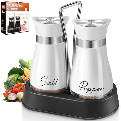 H&Foumre Salt and Pepper Shakers, Farmhouse Salt and Pepper Shakers Set with Holder, electroplated Handle, 4 oz Stainless Steel Glass Bottle Dispenser, for Table, RV, Camp, BBQ (White) - Image 1