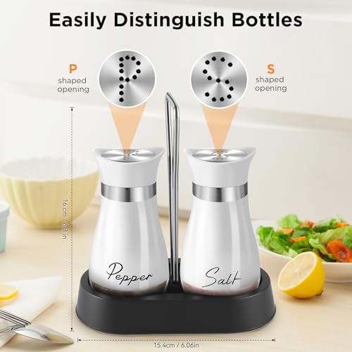 H&Foumre Salt and Pepper Shakers, Farmhouse Salt and Pepper Shakers Set with Holder, electroplated Handle, 4 oz Stainless Steel Glass Bottle Dispenser, for Table, RV, Camp, BBQ (White) - Image 4