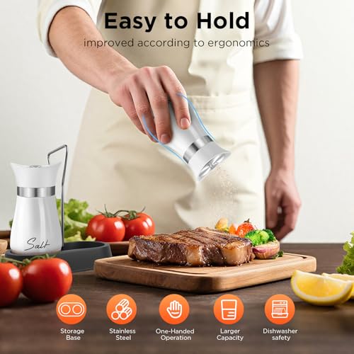 H&Foumre Salt and Pepper Shakers, Farmhouse Salt and Pepper Shakers Set with Holder, electroplated Handle, 4 oz Stainless Steel Glass Bottle Dispenser, for Table, RV, Camp, BBQ (White) - Image 3