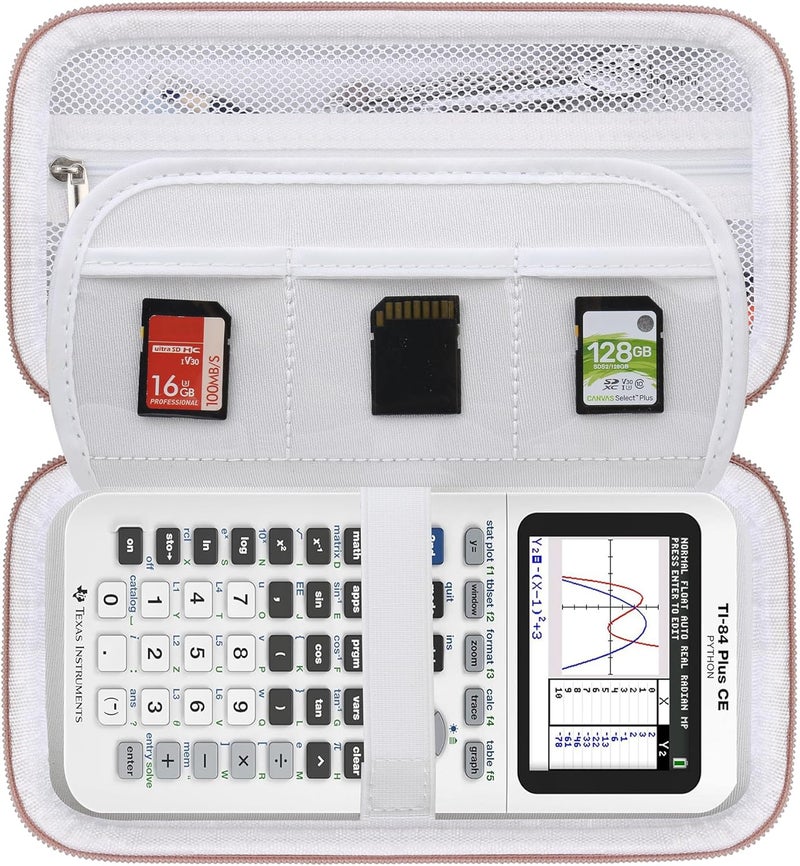 BOVKE حقيبة صلبة لآلة حاسبة من Texas Instruments TI-84 Plus CE Color Graphing Calculator/TI-84 Plus/TI-83 Plus CE، مع جيب إضافي بسحاب لكابلات USB، الشاحن، الدليل والمزيد، أبيض - Image 1