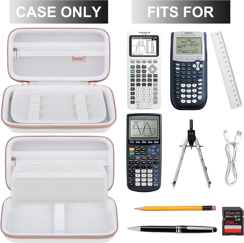 BOVKE حقيبة صلبة لآلة حاسبة من Texas Instruments TI-84 Plus CE Color Graphing Calculator/TI-84 Plus/TI-83 Plus CE، مع جيب إضافي بسحاب لكابلات USB، الشاحن، الدليل والمزيد، أبيض - Image 2