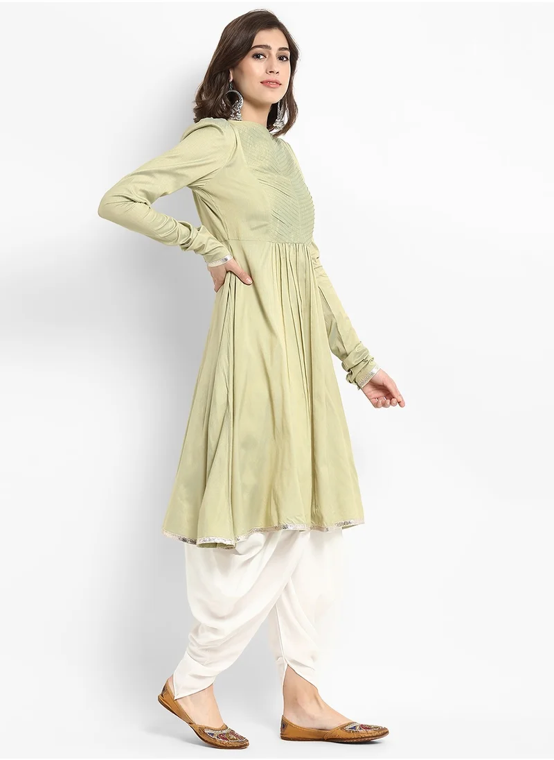 أبهشتي Sage Green Banarasi Flared Kurta with Churidar Sleeves