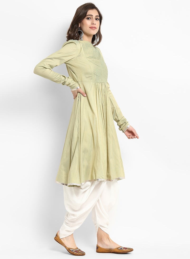 Abhishti Sage Green Banarasi Flared Kurta with Churidar Sleeves  - Image 3