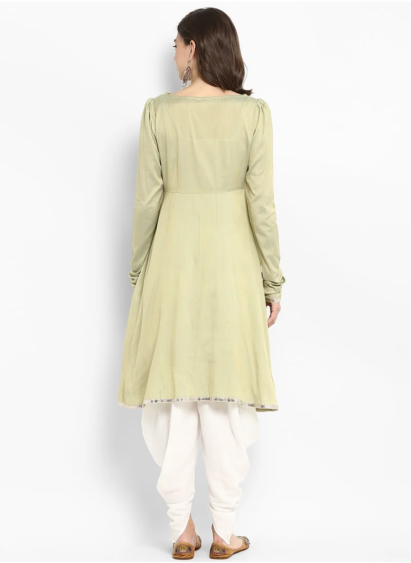 أبهشتي Sage Green Banarasi Flared Kurta with Churidar Sleeves