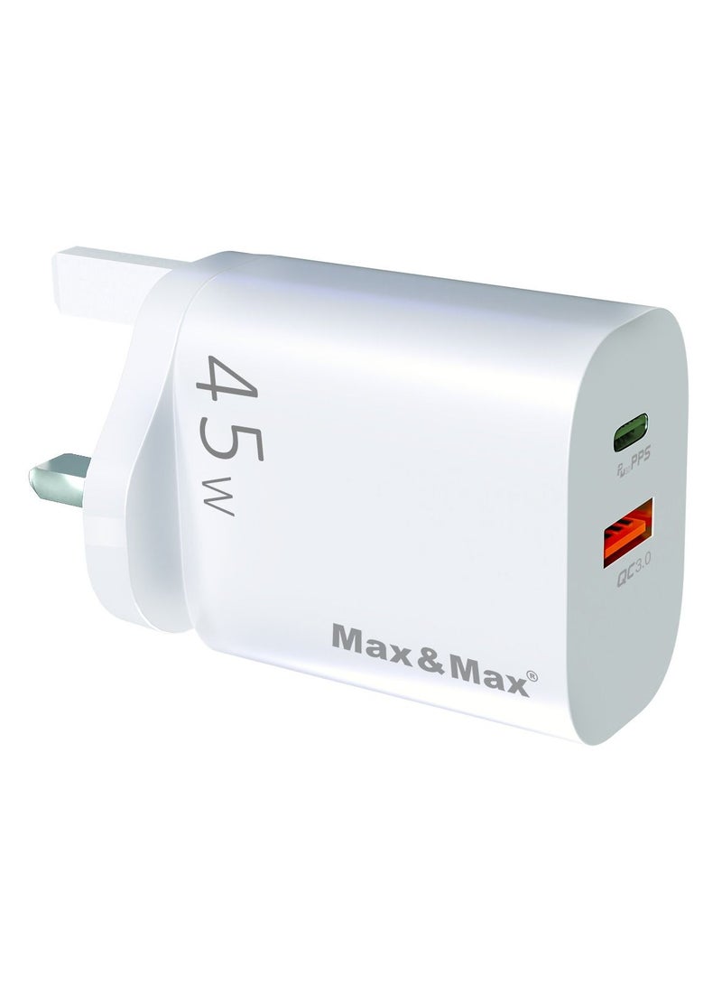 ماكس آند ماكس شاحن سريع 45 وات GaN محول بمنفذين USB-A وType-C - متوافق مع iPhone وSamsung وAndroid وiPad وLenovo والمزيد - أبيض - Image 1