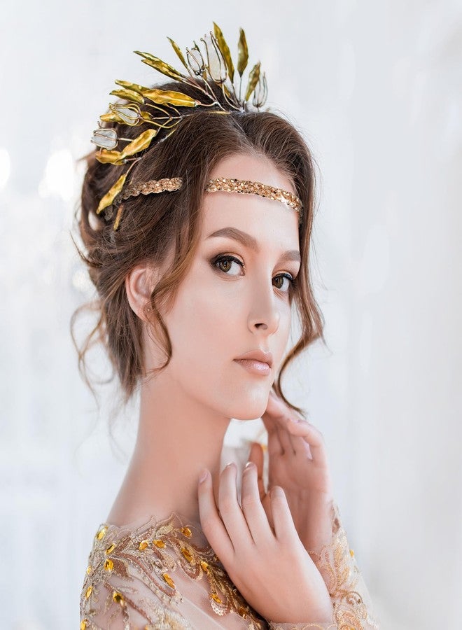 طقم تويرونا مكون من قطعتين من أغطية الرأس المرنة اللامعة للنساء، طوق رأس معدني مرصع بأحجار الراين باللونين الذهبي والفضي، أطواق رأس مرنة بتصميم ريترو من السبعينيات للنساء، مجوهرات شعر براقة لحفلات الزفاف والخطوبة (ذهبي، فضي) - Image 4