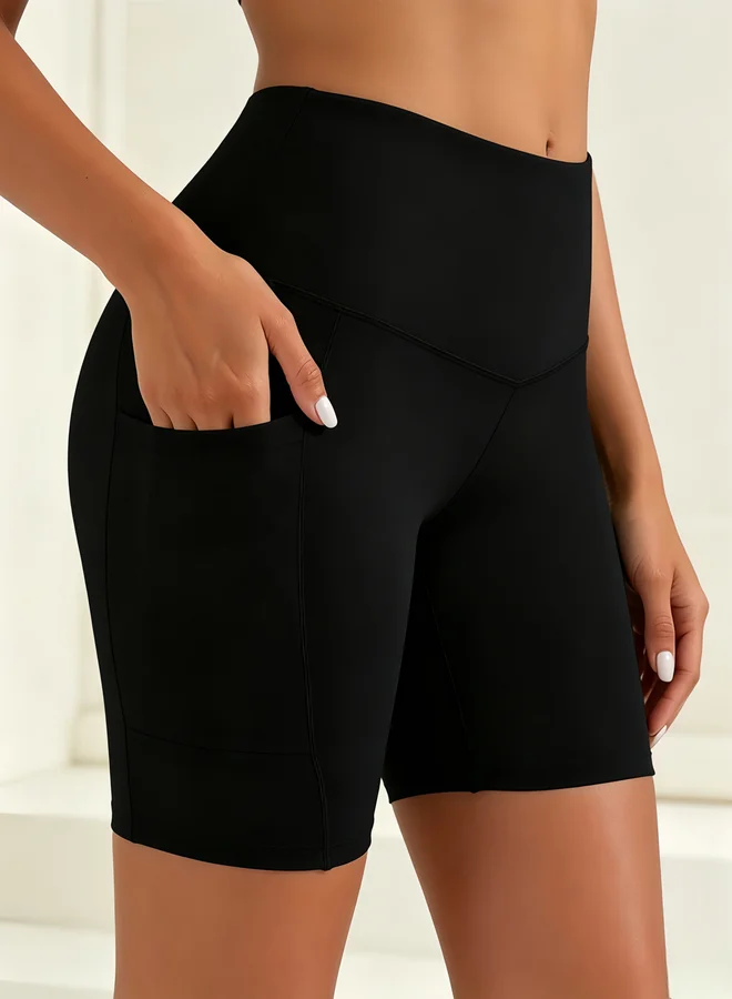 Take Two Black Solid Activewear Shorts With Slip Pocket