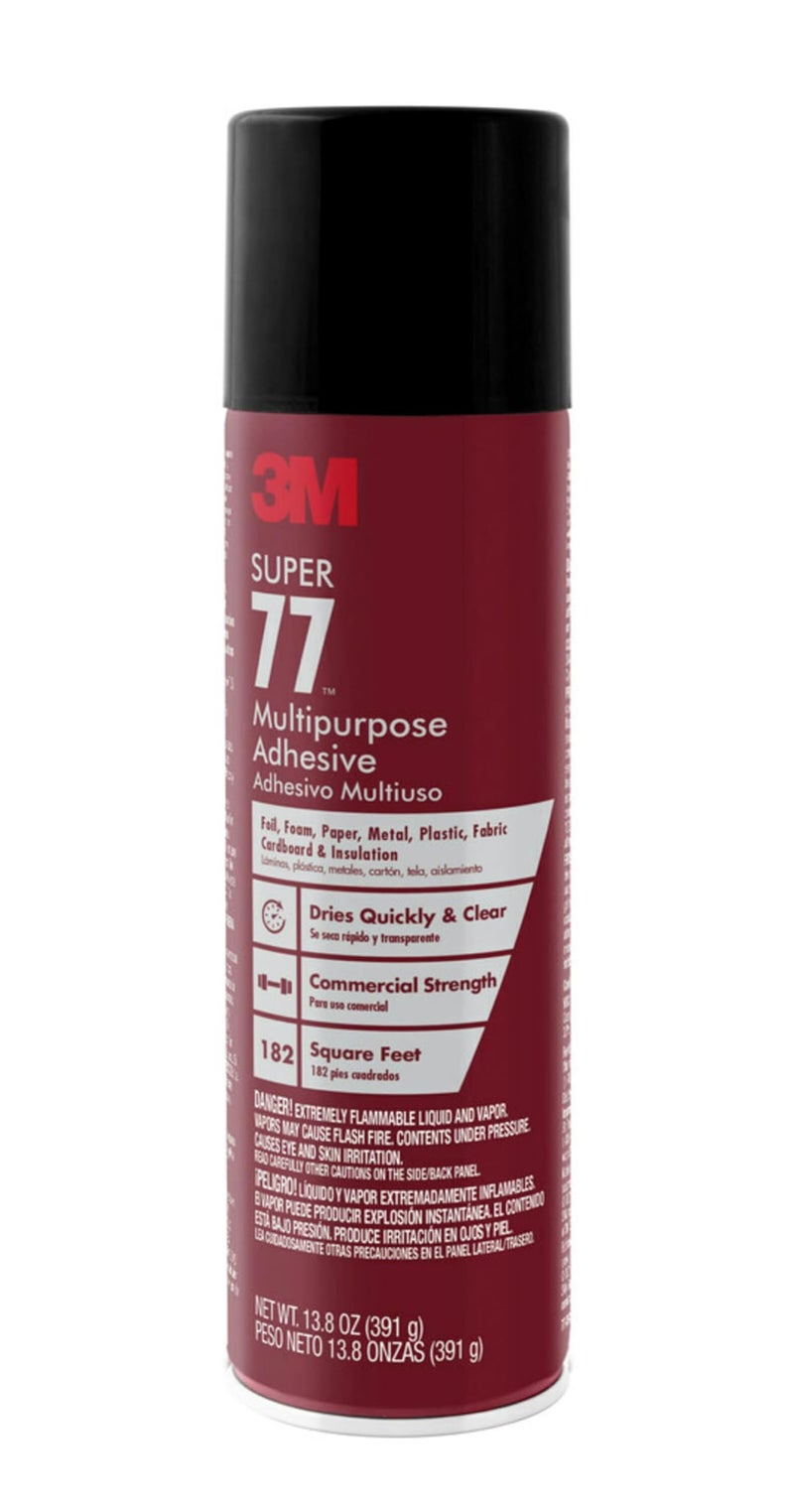 3M Super 77 Multipurpose Spray Adhesive, 13.8 oz., Provides Secure Bond In 15 Seconds, Dries Clear, Ideal For Plastic, Glass, Paper, Fabric, Wood, Foam, Cardboard, Fiberglass & More (77-DSC) - Image 1