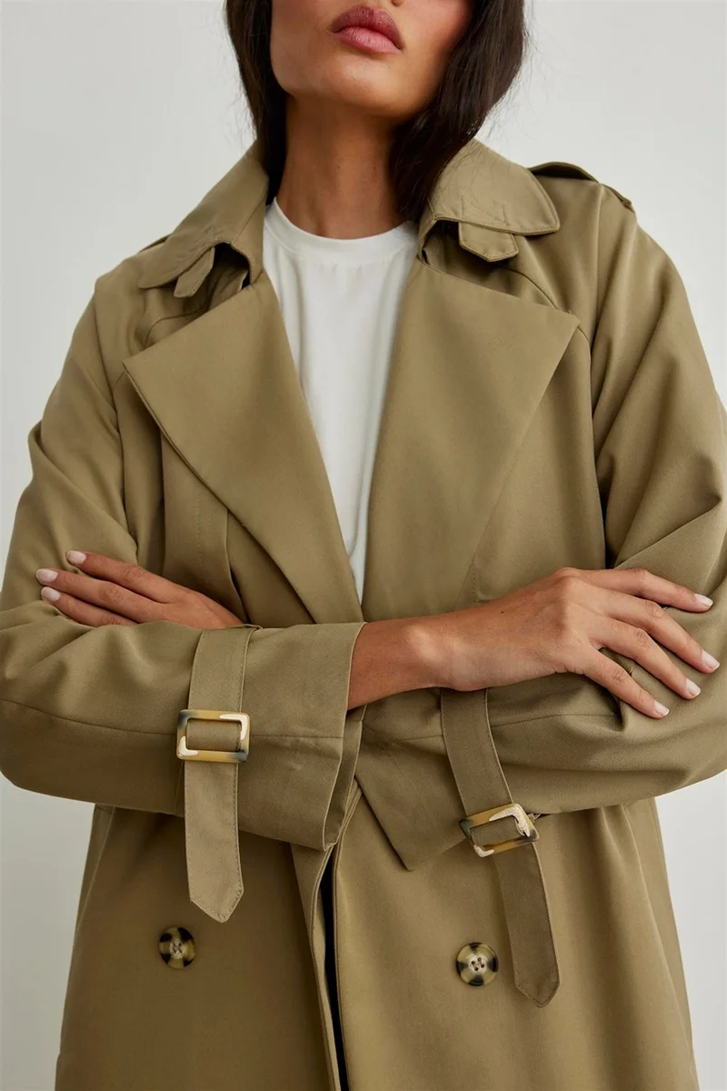 سود كوليكشن Saud Collection Light Khaki Long Cotton Trench Coat