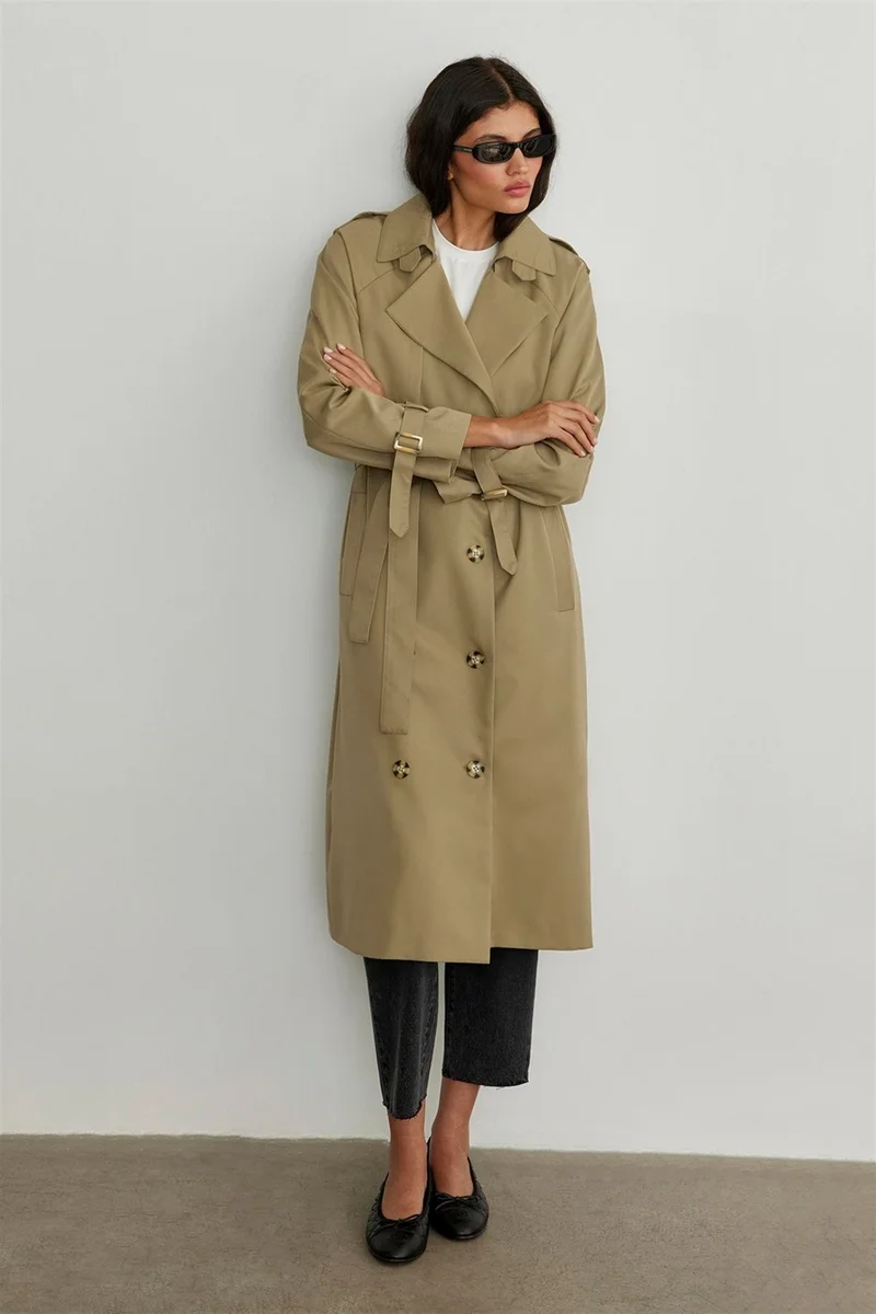 سود كوليكشن Saud Collection Light Khaki Long Cotton Trench Coat