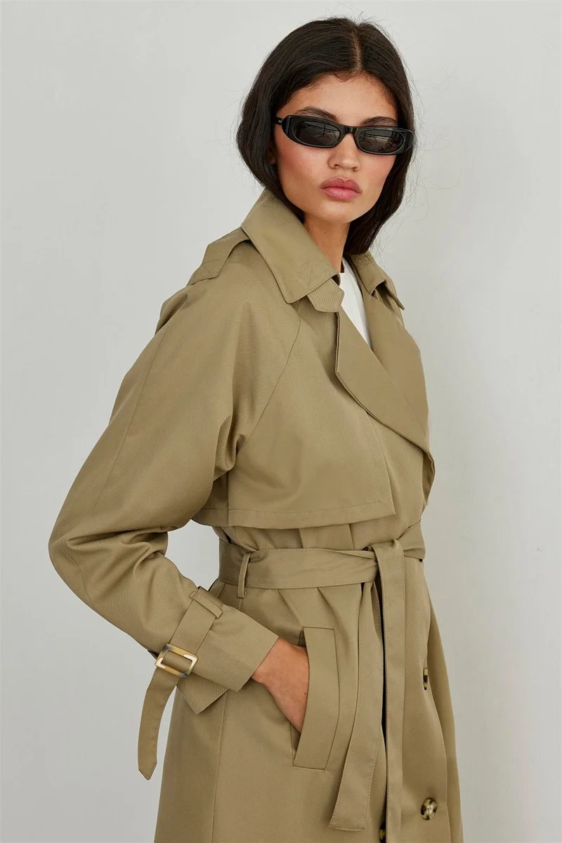 سود كوليكشن Saud Collection Light Khaki Long Cotton Trench Coat
