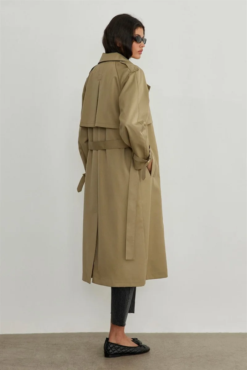 سود كوليكشن Saud Collection Light Khaki Long Cotton Trench Coat