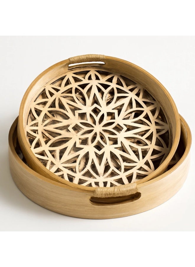 طقم صواني تقديم دائري خشبية قطعتين بارضية زجاجية فاخرة - Image 1