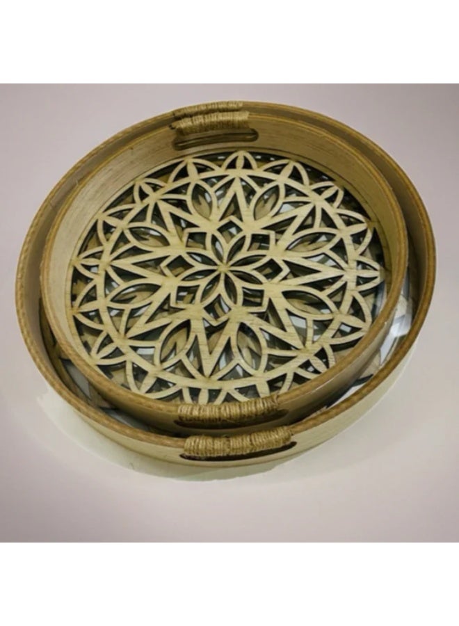 طقم صواني تقديم دائري خشبية قطعتين بارضية زجاجية فاخرة - Image 2